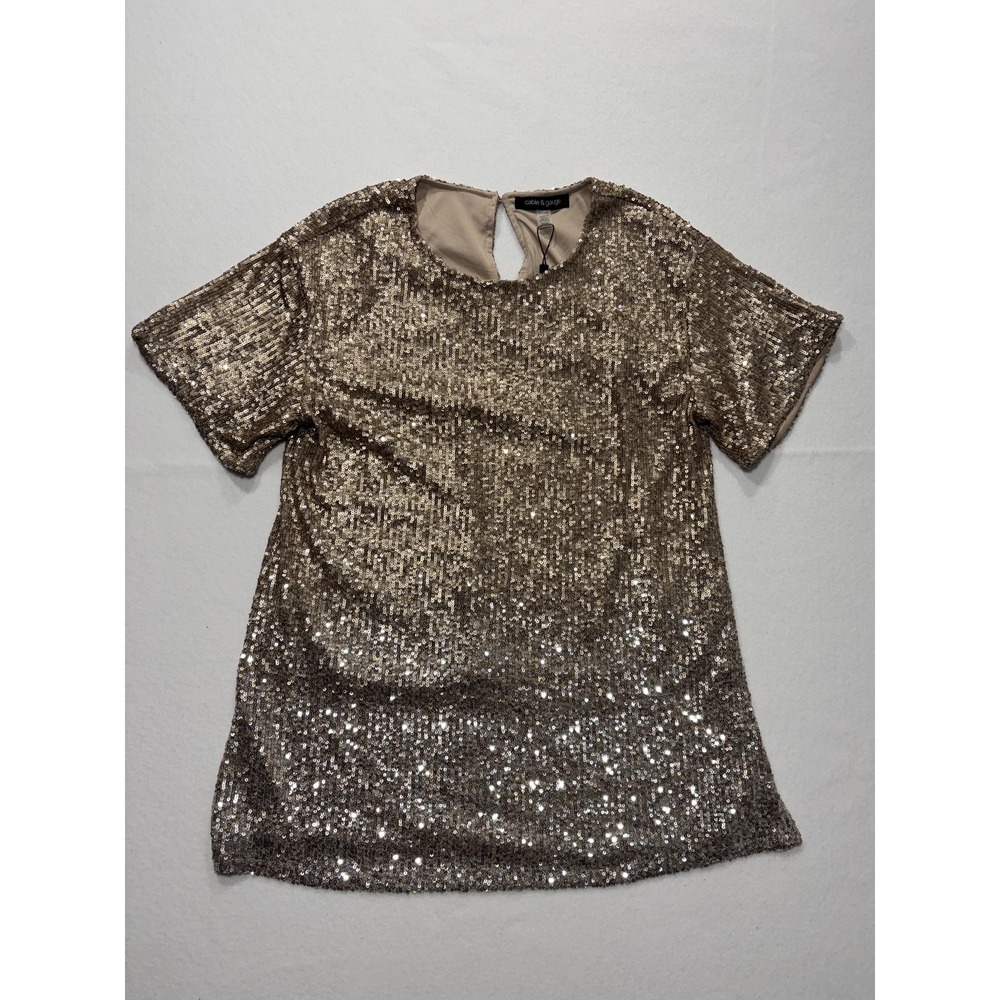 Cable & Gauge Blouse Womens Small Gold‎ Sequin Short Sleeve Party Cocktail Top
